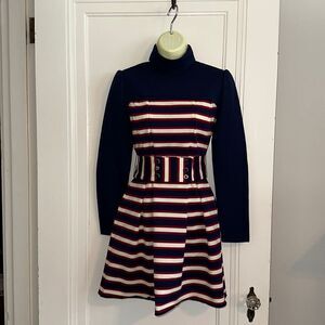 Vtg 70s Gay Gibson red, white & navy blue knit polyester long sleeve mini dress